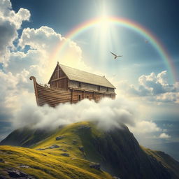 The Ark of Noah, a majestic and ancient wooden ship, beautifully weathered and covered in moss, sitting atop a high mountain peak, surrounded by clouds and mist