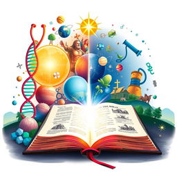 A harmonious illustration depicting the intersection of science and the Bible, showcasing a vibrant collage of symbols representing key scientific concepts and biblical themes