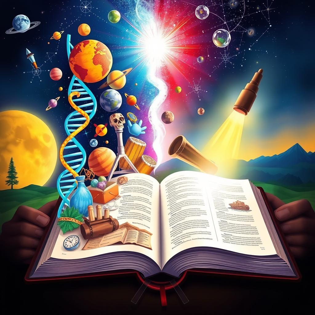 A harmonious illustration depicting the intersection of science and the Bible, showcasing a vibrant collage of symbols representing key scientific concepts and biblical themes