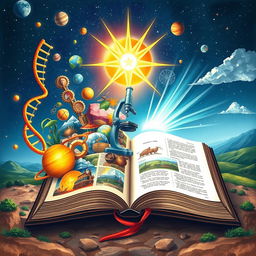 A harmonious illustration depicting the intersection of science and the Bible, showcasing a vibrant collage of symbols representing key scientific concepts and biblical themes