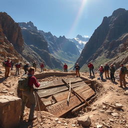 A captivating scene depicting a modern archaeological expedition in the rugged mountains of Turkey, where researchers uncover what appears to be the legendary Ark of Noah