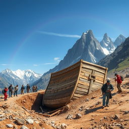 A captivating scene depicting a modern archaeological expedition in the rugged mountains of Turkey, where researchers uncover what appears to be the legendary Ark of Noah
