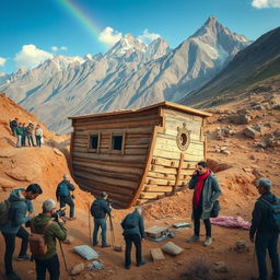 A captivating scene depicting a modern archaeological expedition in the rugged mountains of Turkey, where researchers uncover what appears to be the legendary Ark of Noah