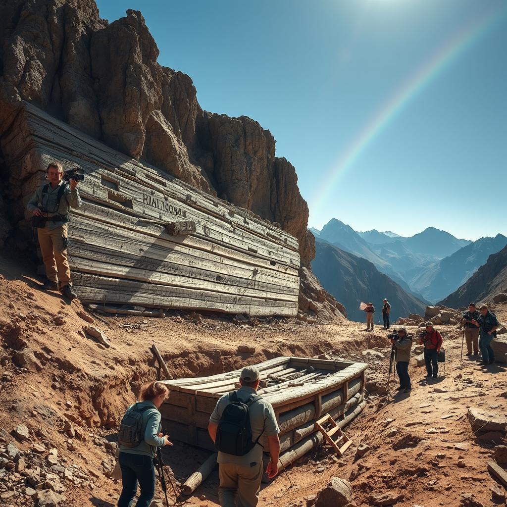 A captivating scene depicting a modern archaeological expedition in the rugged mountains of Turkey, where researchers uncover what appears to be the legendary Ark of Noah