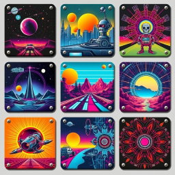 A collection of 9 unique retro futuristic metal cards, each featuring vibrant colors and intricate geometric designs