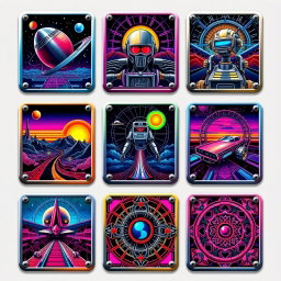 A collection of 9 unique retro futuristic metal cards, each featuring vibrant colors and intricate geometric designs