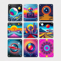 A collection of 9 unique retro futuristic metal cards, each featuring vibrant colors and intricate geometric designs