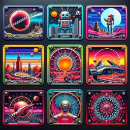 A collection of 9 unique retro futuristic metal cards, each featuring vibrant colors and intricate geometric designs