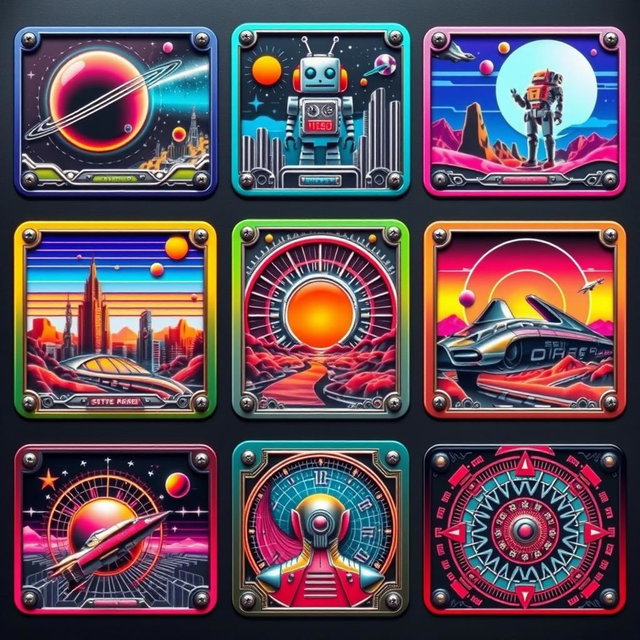 A collection of 9 unique retro futuristic metal cards, each featuring vibrant colors and intricate geometric designs