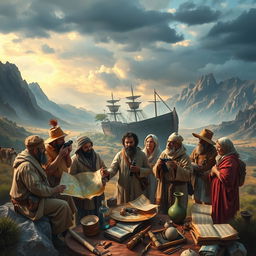 A captivating scene depicting a historical exploration of the legendary Ark of Noah, showcasing a diverse group of scholars and explorers equipped with maps, binoculars, and ancient texts