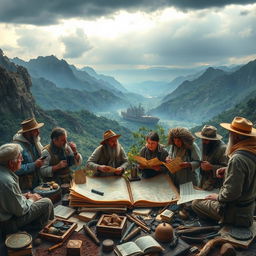A captivating scene depicting a historical exploration of the legendary Ark of Noah, showcasing a diverse group of scholars and explorers equipped with maps, binoculars, and ancient texts