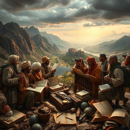 A captivating scene depicting a historical exploration of the legendary Ark of Noah, showcasing a diverse group of scholars and explorers equipped with maps, binoculars, and ancient texts