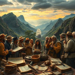 A captivating scene depicting a historical exploration of the legendary Ark of Noah, showcasing a diverse group of scholars and explorers equipped with maps, binoculars, and ancient texts
