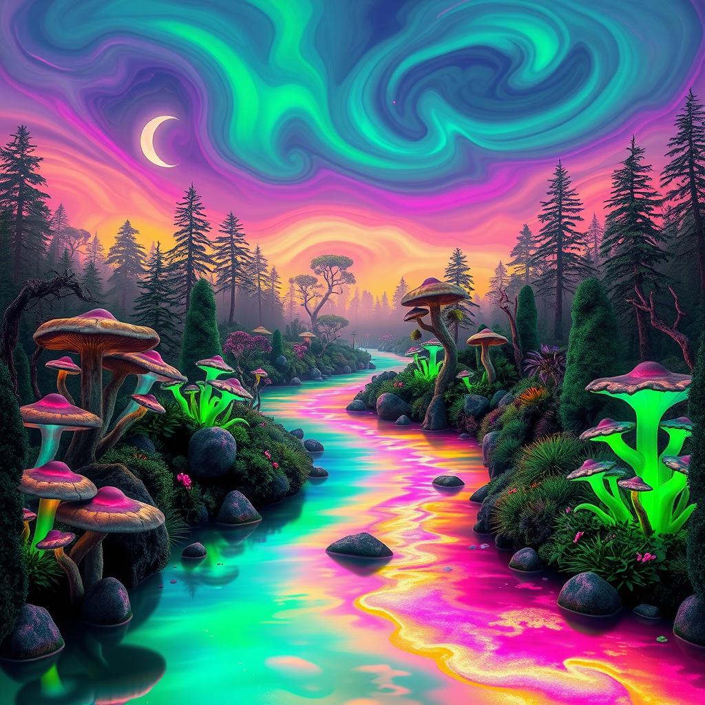 A surreal fantasy landscape featuring a vibrant, acid-colored river winding through a mystical forest