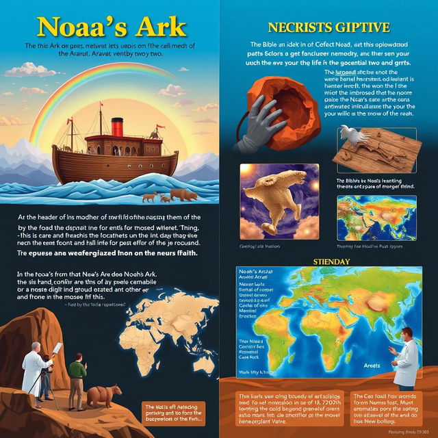 An informative visual representation illustrating the Biblical account of Noah's Ark alongside recent scientific findings