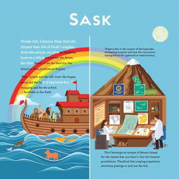 An educational scene merging biblical text and scientific exploration regarding Noah's Ark