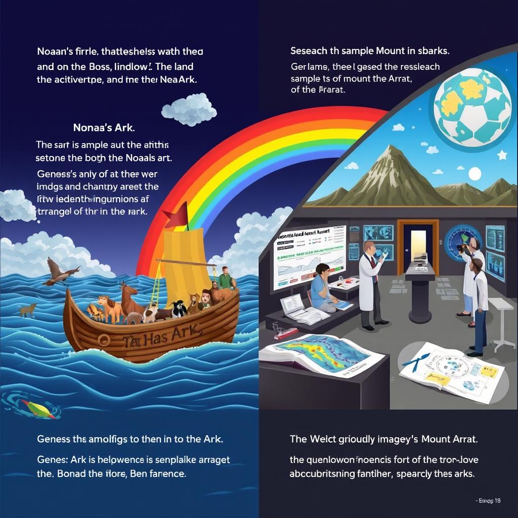 An educational scene merging biblical text and scientific exploration regarding Noah's Ark