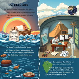 An educational scene merging biblical text and scientific exploration regarding Noah's Ark