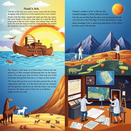 An educational scene merging biblical text and scientific exploration regarding Noah's Ark