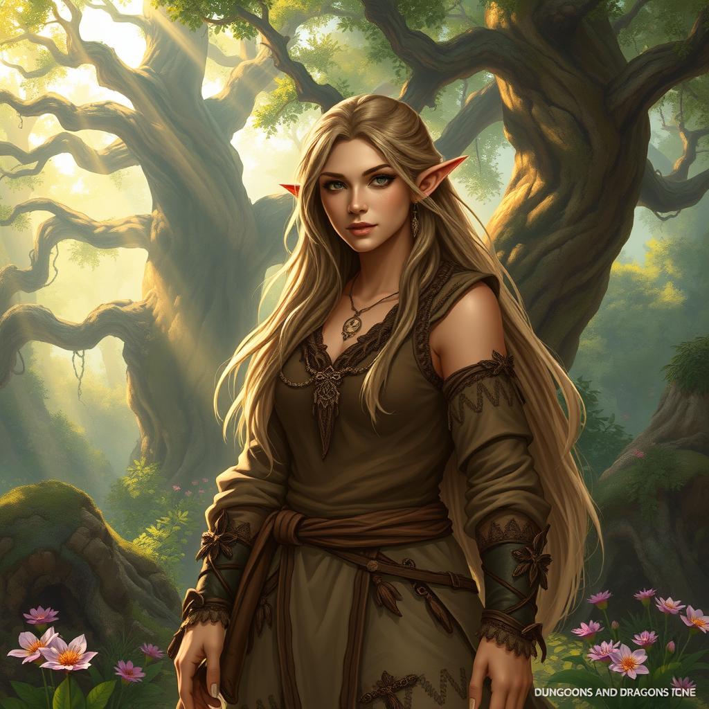 A noble female druid, an eladrin, wearing rugged, earth-toned clothing adorned with natural motifs