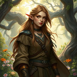 A noble female druid, an eladrin, wearing rugged, earth-toned clothing adorned with natural motifs