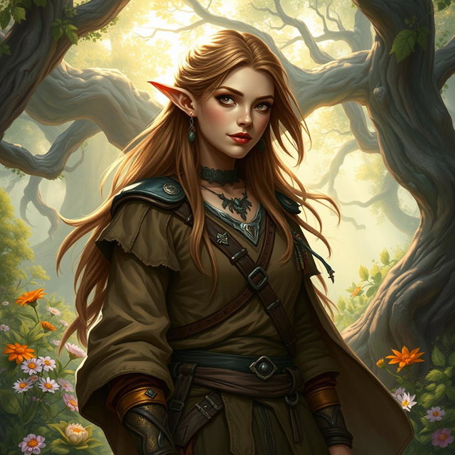 A noble female druid, an eladrin, wearing rugged, earth-toned clothing adorned with natural motifs