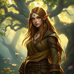 A noble female druid, an eladrin, wearing rugged, earth-toned clothing adorned with natural motifs