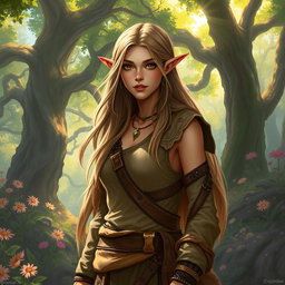 A noble female druid, an eladrin, wearing rugged, earth-toned clothing adorned with natural motifs