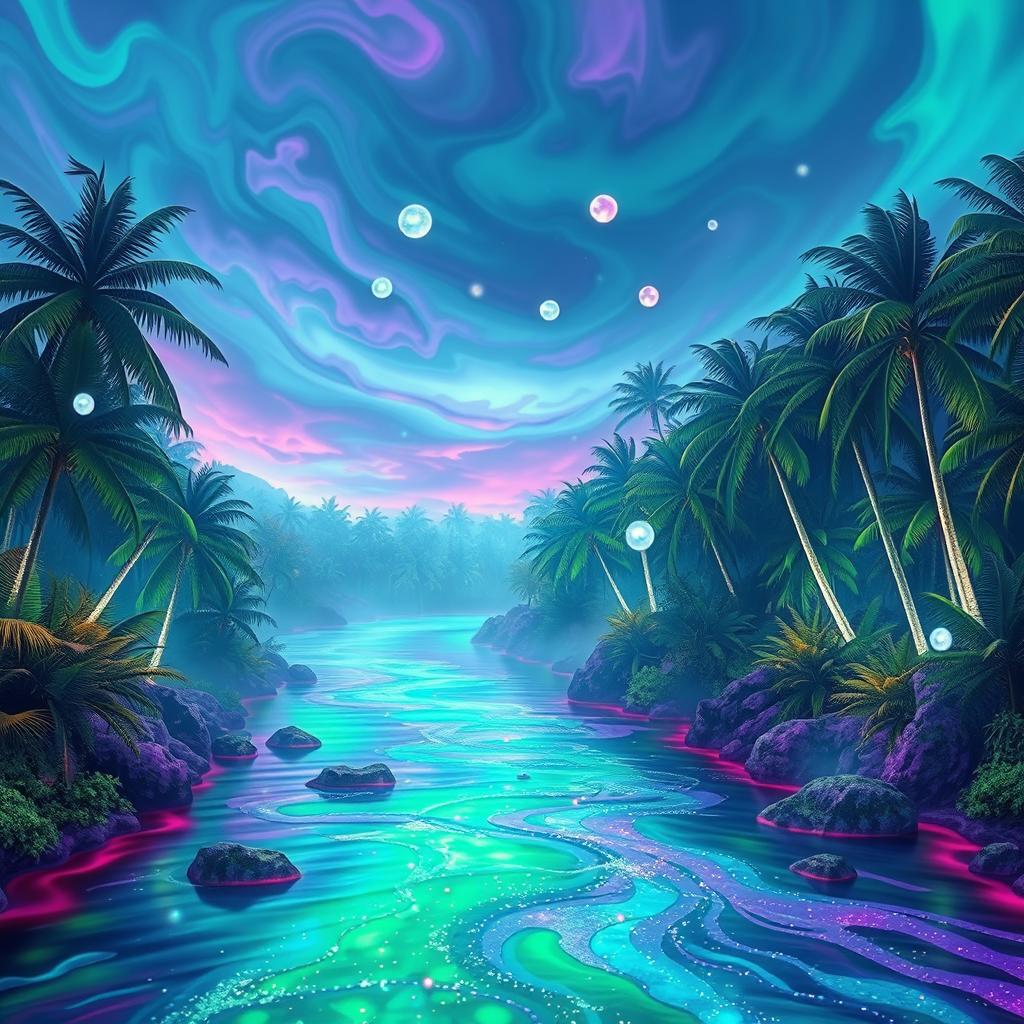 A mesmerizing fantasy river flowing through a lush landscape, with vibrant acid colors that create an ethereal atmosphere