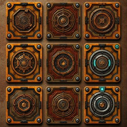 Nine different retro futuristic cards, each uniquely designed with a rusty worn metal texture