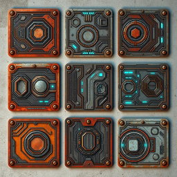 Nine different retro futuristic cards, each uniquely designed with a rusty worn metal texture