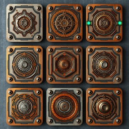 Nine different retro futuristic cards, each uniquely designed with a rusty worn metal texture
