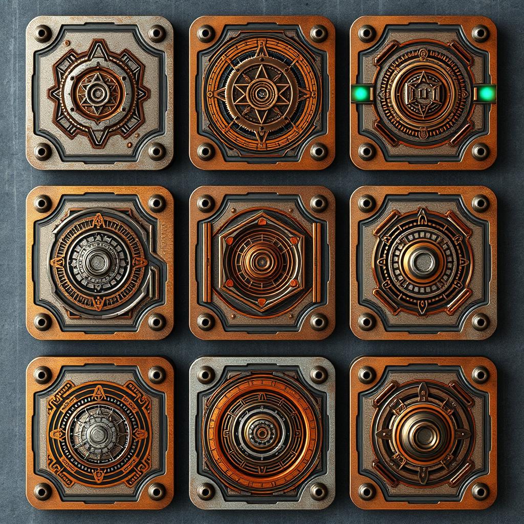 Nine different retro futuristic cards, each uniquely designed with a rusty worn metal texture