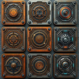 Nine different retro futuristic cards, each uniquely designed with a rusty worn metal texture
