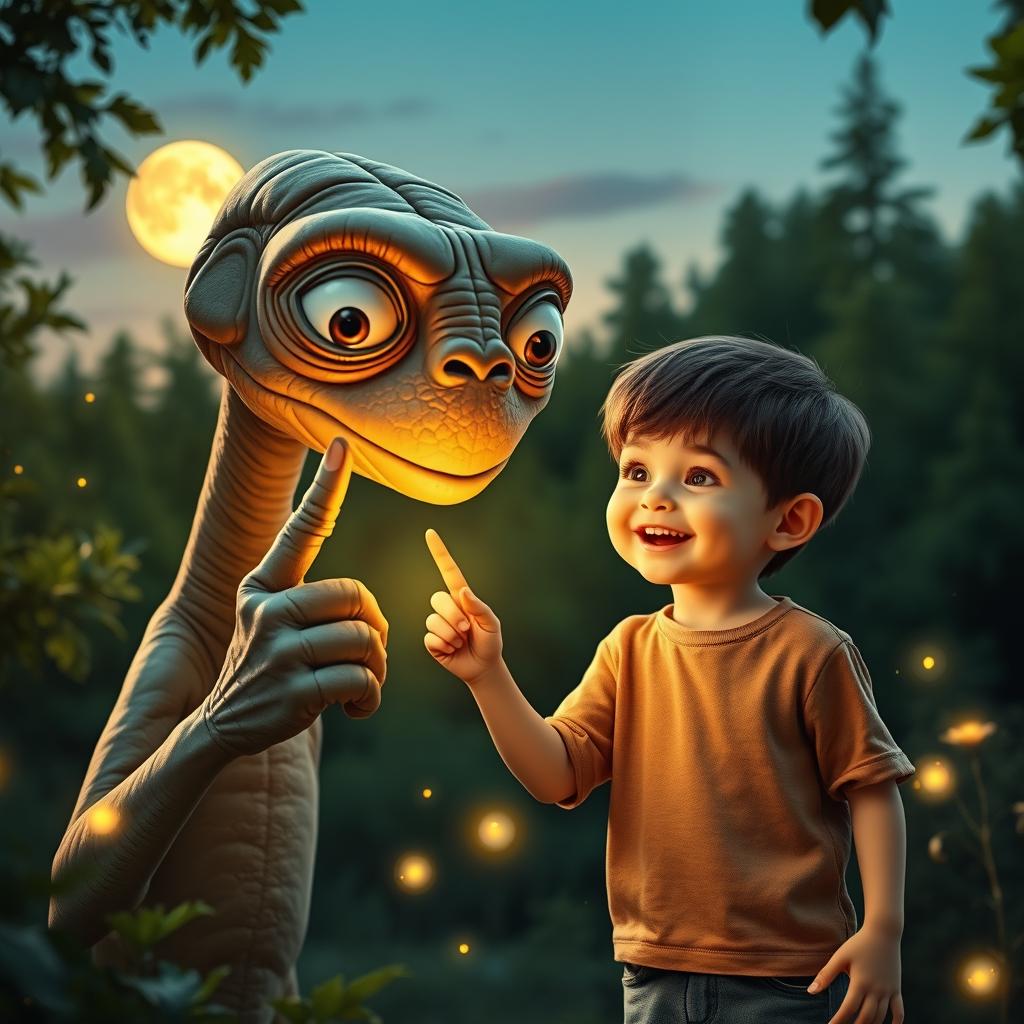 A heartwarming scene featuring a friendly extraterrestrial being resembling E