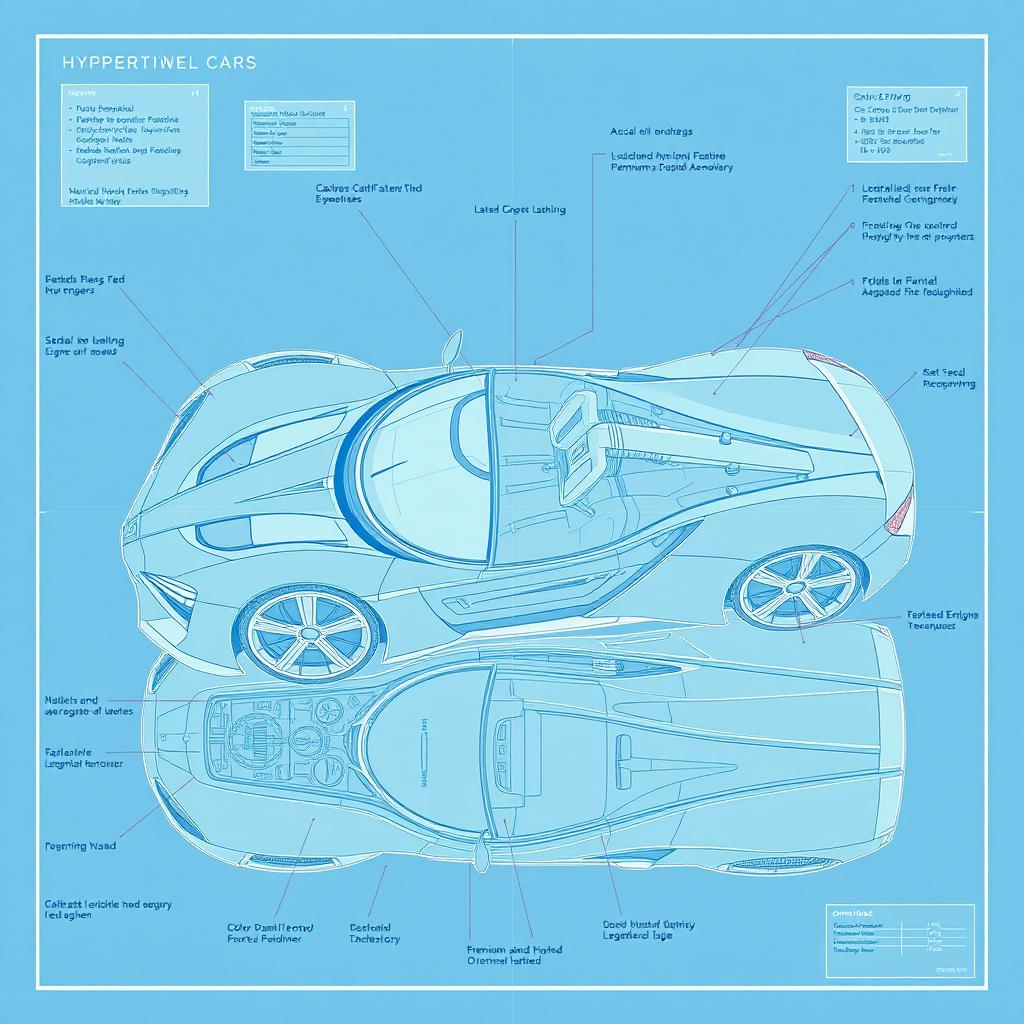 A detailed blueprint of a hypercar that blends an old classical aesthetic with modern features