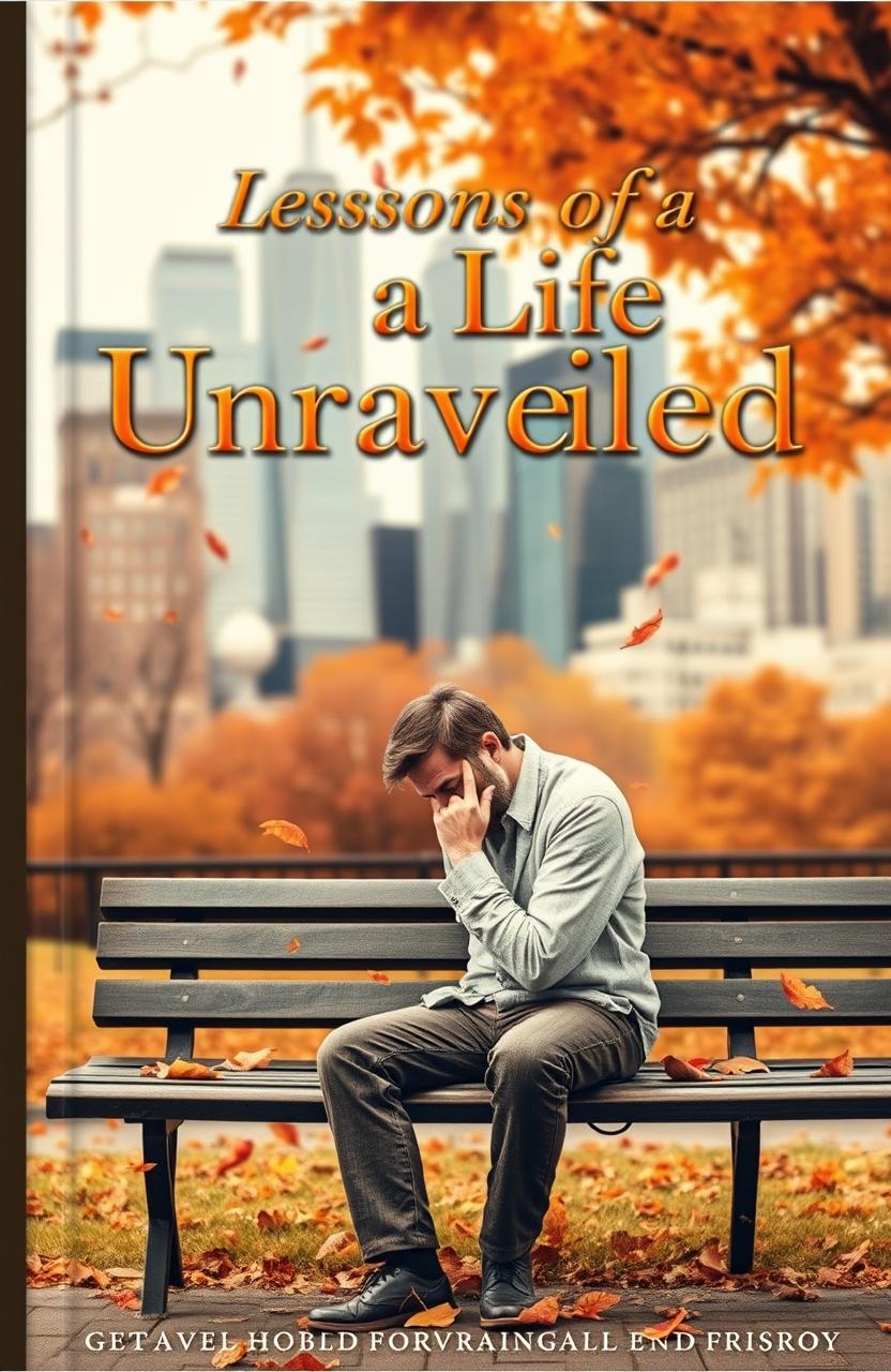 A thought-provoking book cover featuring a solitary man sitting on a park bench, deep in thought, surrounded by a backdrop of blurred cityscape symbolizing his chaotic life