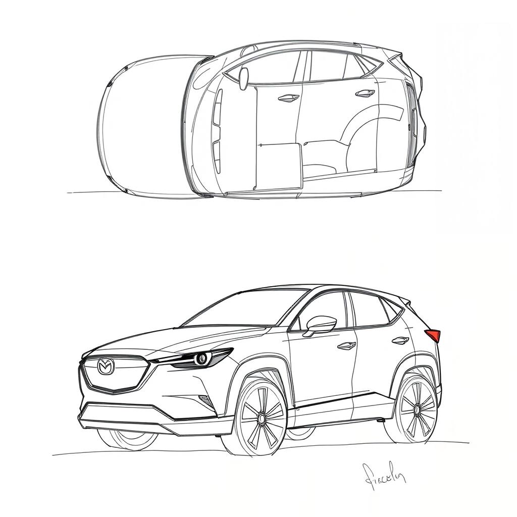 A detailed sketch of a compact SUV, specifically a crossover design inspired by the Mazda CX-30 and Toyota Corolla Cross