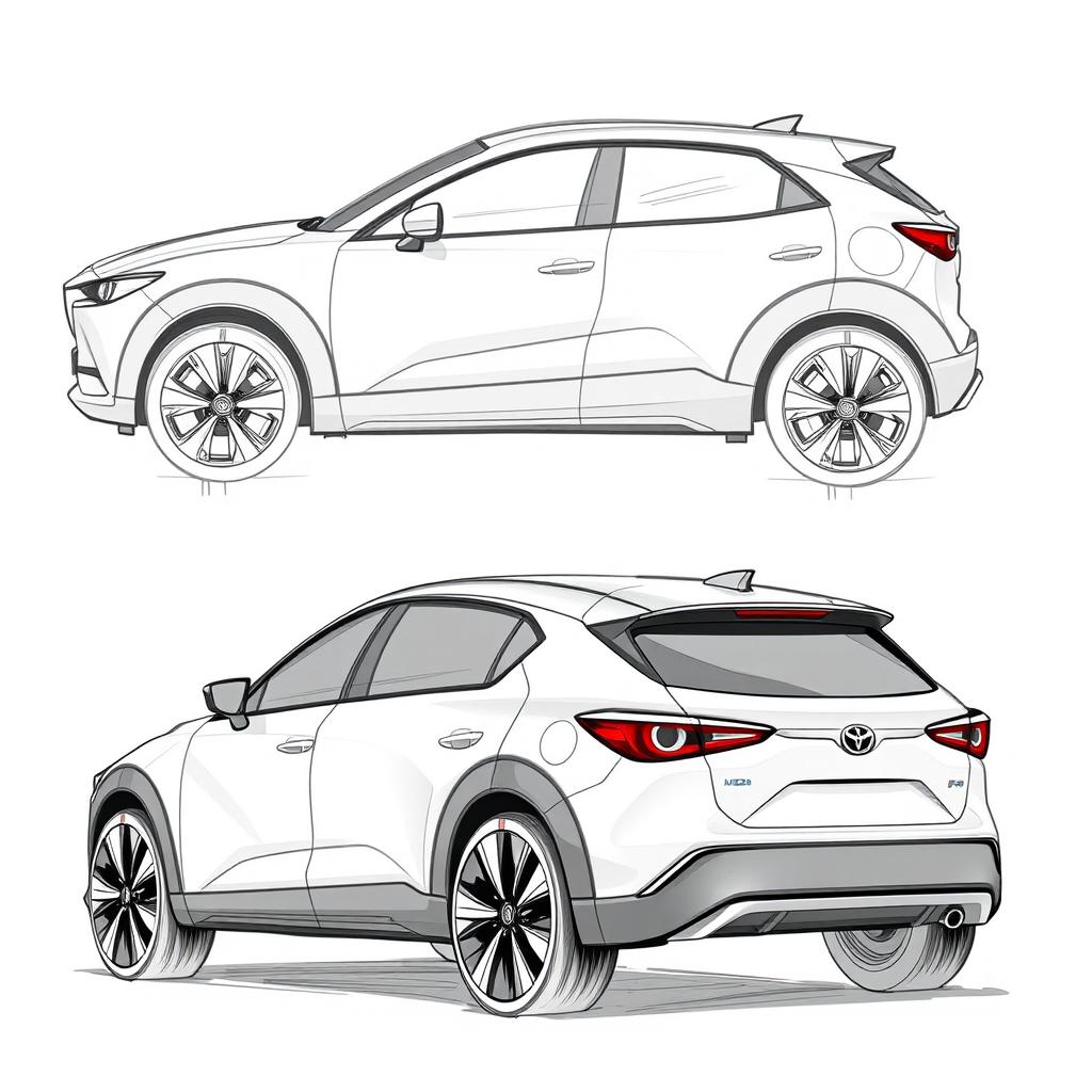 A detailed sketch of a compact SUV that harmoniously blends the styling of a Mazda CX-30 and a Toyota Corolla Cross