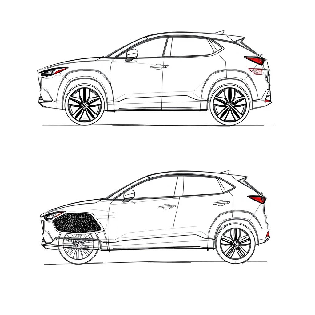 A detailed sketch of a compact SUV that doesn't reference any specific brands, capturing a unique crossover design inspired by the characteristics of a Mazda CX-30 and a Toyota Corolla Cross