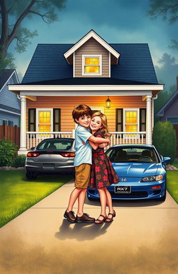 A vintage drawing style book cover featuring a brother and sister hugging happily in front of their house with a charming porch and white porch railing