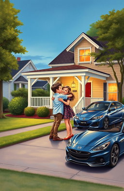 A vintage drawing style book cover featuring a brother and sister hugging happily in front of their house with a charming porch and white porch railing