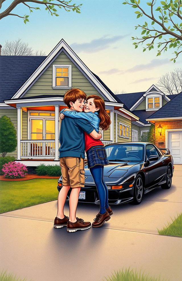 A vintage drawing style book cover featuring a brother and sister hugging happily in front of their house with a charming porch and white porch railing