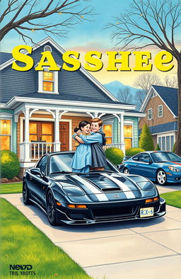 A vintage drawing style book cover featuring a brother and sister hugging happily in front of their house with a charming porch and white porch railing