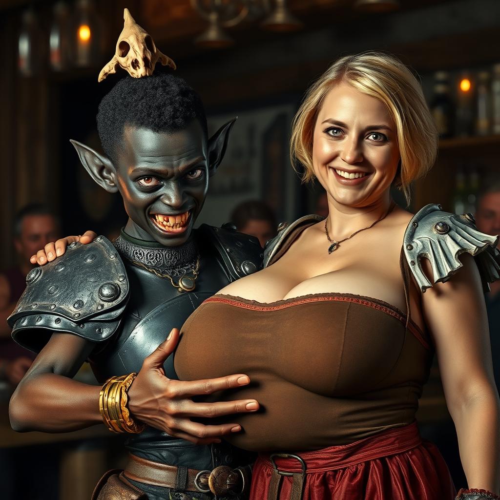 A dramatic medieval tavern scene featuring two strikingly contrasting characters