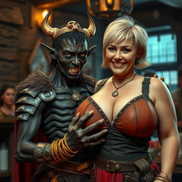 A dramatic medieval tavern scene featuring two strikingly contrasting characters