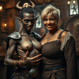 A dramatic medieval tavern scene featuring two strikingly contrasting characters