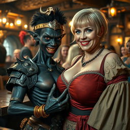 A vivid medieval tavern scene featuring a striking contrast between two characters