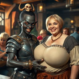 A vivid medieval tavern scene featuring a striking contrast between two characters