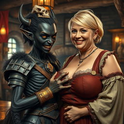 A vivid medieval tavern scene featuring a striking contrast between two characters